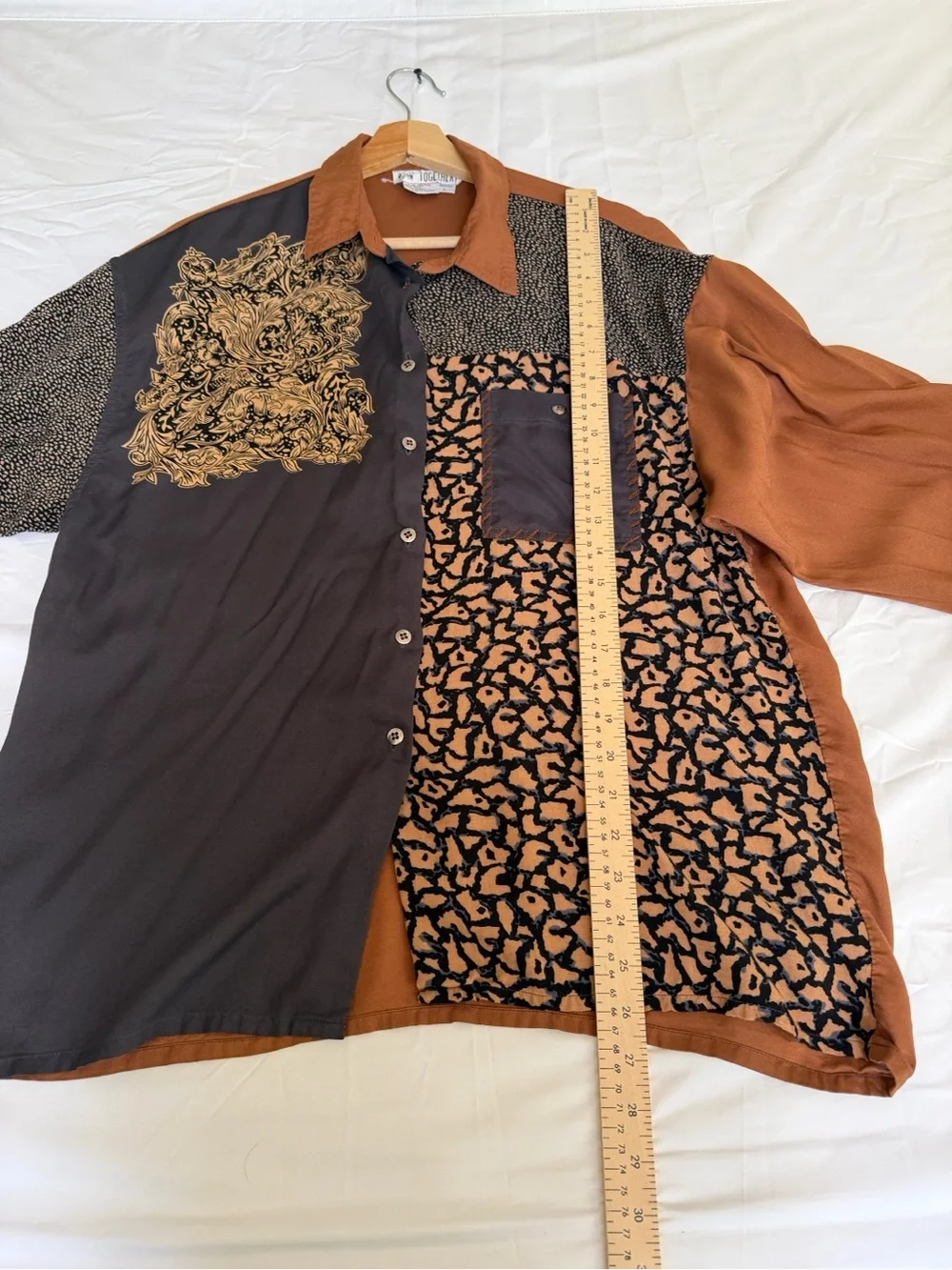 Together Patchwork Button-Up Shirt Jacket in Rust & Charcoal